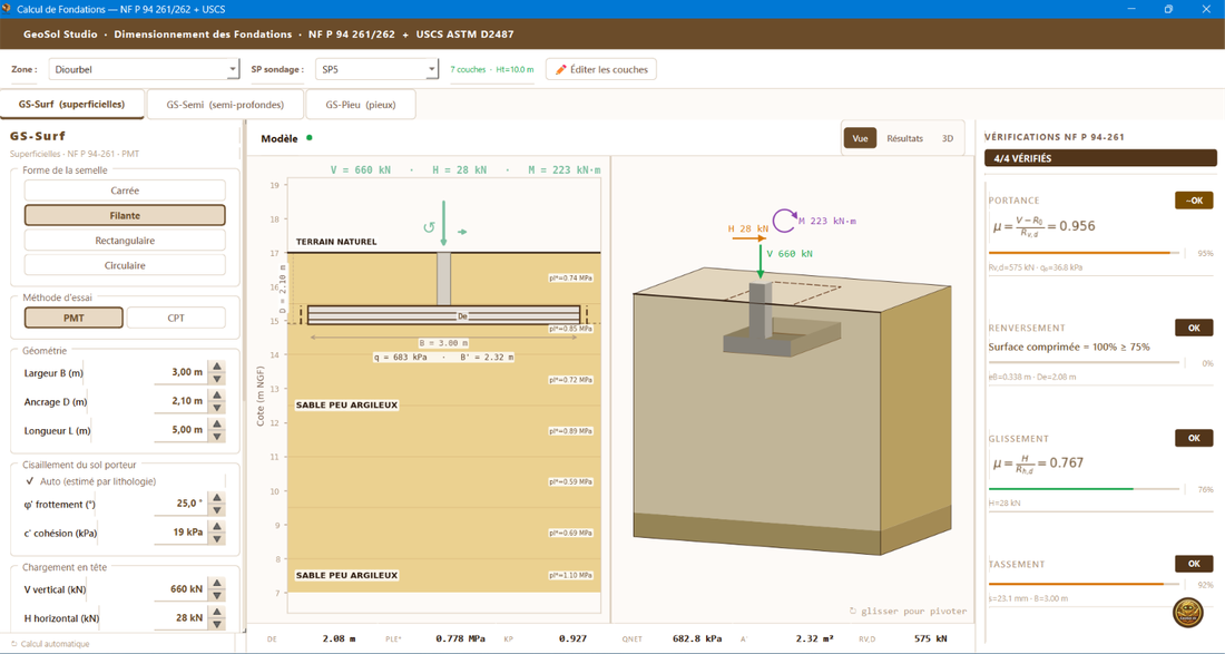 Dimensionnement de fondation Eurocode 7 dans GeoSol Studio